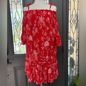 H&M Red Floral Off-Shoulder Ruffle Sleeve Dress Size Medium